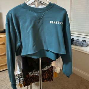 PLAYBOY White and Green Cropped Boxy Sweatshirt